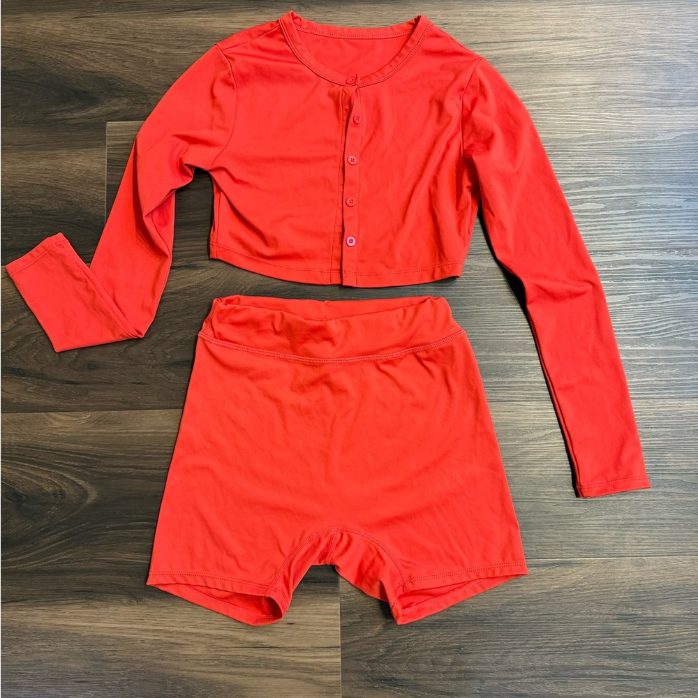 Red Long Sleeve Crop Top and Shorts Set